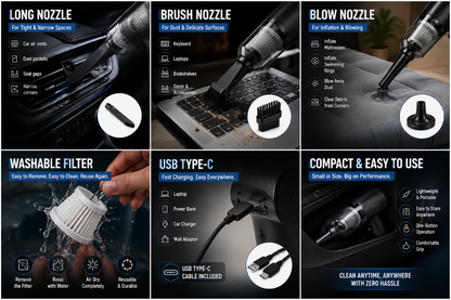 Product features of a cleaning tool with different nozzles and USB Type-C connection on a black background.